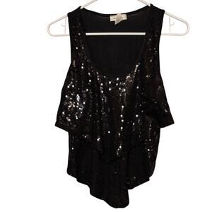 January 7 Black Sequin Tank Top Medium Cropped Layered Party Top